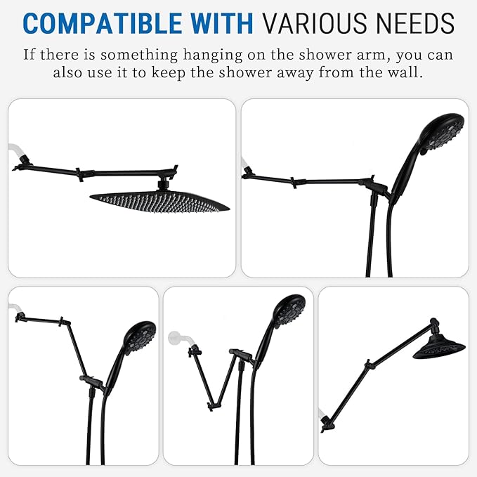 G-Promise 18 Inch Shower Head Extension Arm, Solid Brass Height & Angle Adjustable Extender, Rise or Lower Rainfall and Fixed Shower Head (Matte Black)
