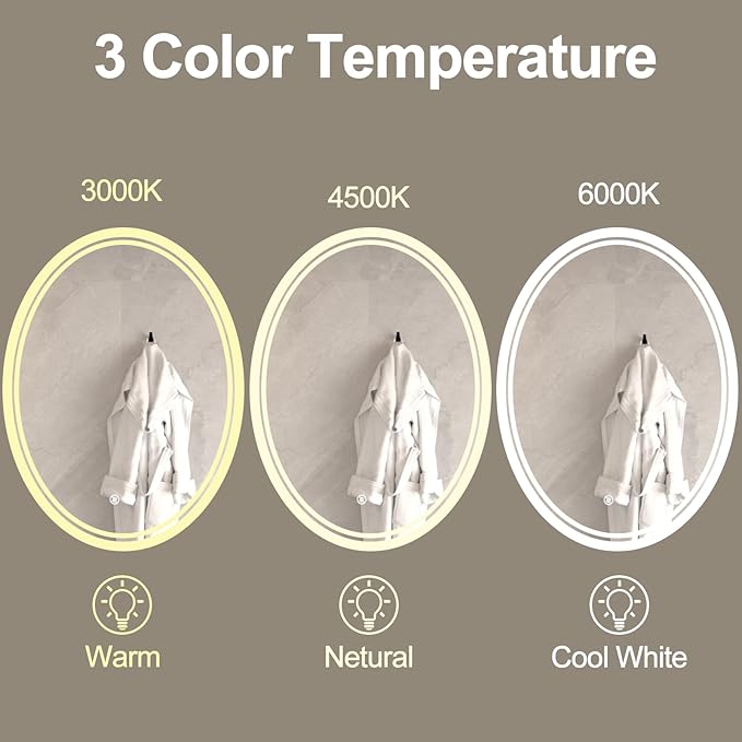 32 x 24 inch Oval LED Bathroom Mirror Anti-Fog 3 Colors Light Dimmable Wall Mounted Lighted Bathroom Vanity Mirror Smart Makeup Mirror Touch Switch