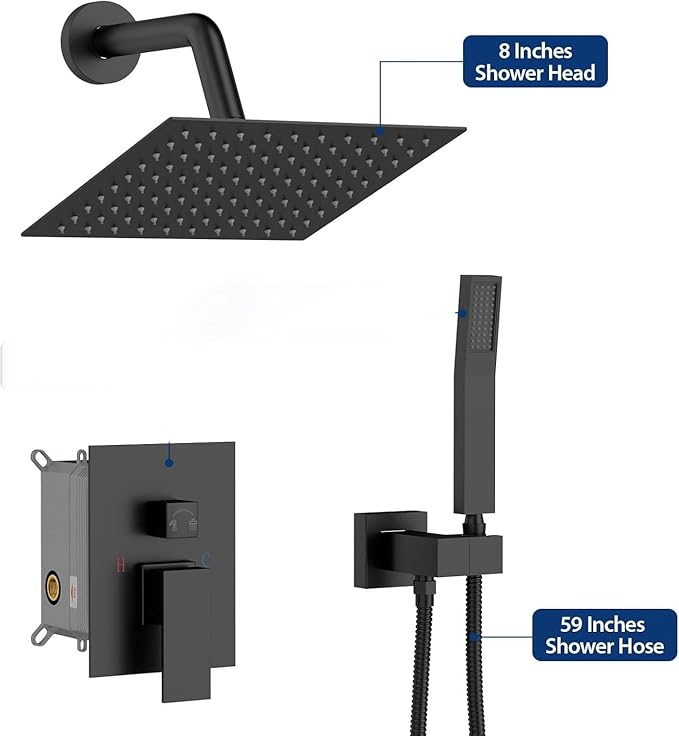Black Shower Head Faucet - Lordear 8 Inch Wall Mounted Rain Shower System Set, Matte Black Stainless Steel Square Rainfall Shower Head with Handheld, Brass Valve Included