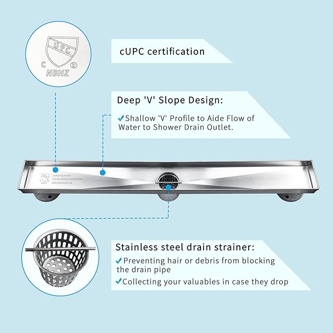 Neodrain 60-Inch Linear Shower Drain with Tile Insert Grate,Brushed 304 Stainless Steel Rectangle Shower Floor Drain, Linear Drain with Leveling Feet, Hair Strainer
