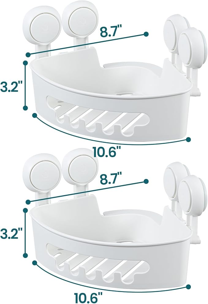 TAILI Suction Corner Shower Caddy, Bathroom Shelf Storage Basket Wall Mounted Organizer for Shampoo, Conditioner, Plastic Rack for Kitchen&Bathroom, Drill-Free Removable (2 Pack)