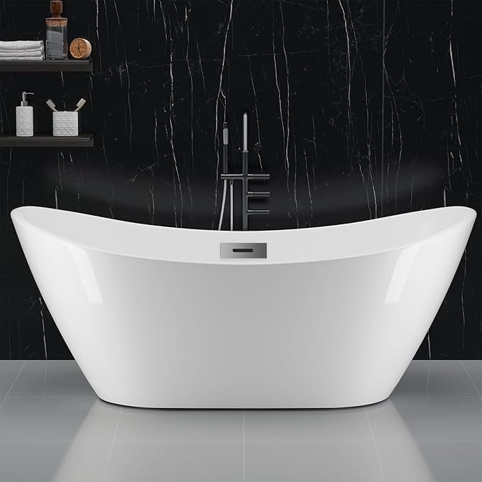 59" Acrylic Soaking Bathtub, Deep Modern Tub with Non-Slip Base, CUPC Certified, Space-Saving Bath with Chrome Drain and Overflow, Easy Install for Small Bathrooms, White