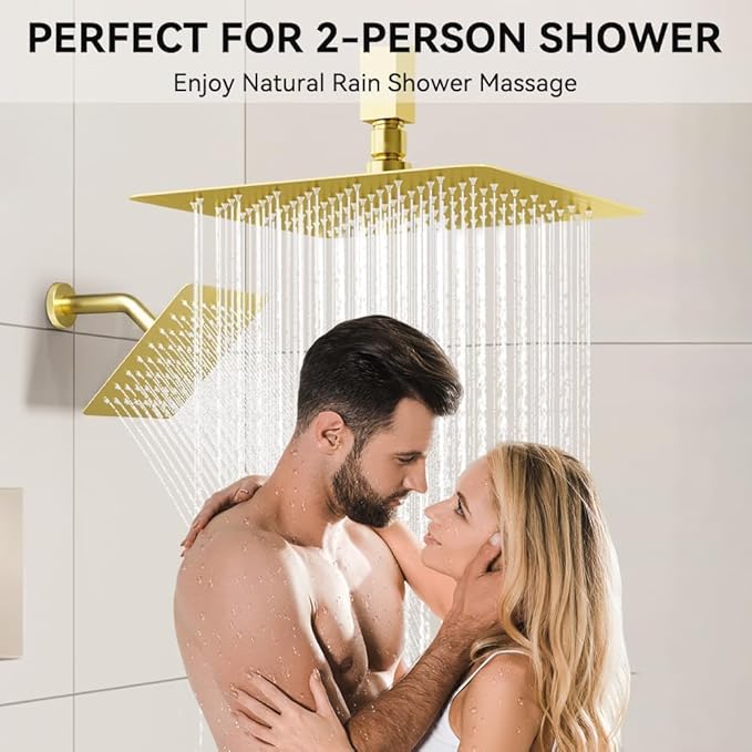 Brushed Gold Shower System, STARBATH 12+8" Rainfall Shower System with Square Shower Head and Handle Set Ceiling Mount, Can Use All at Once Push Button Diverter Pressure Balancing Valve with Trim Kit