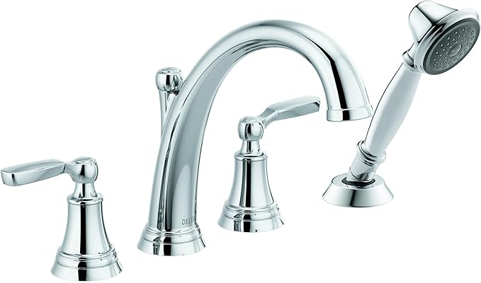 Delta Woodhurst Roman Tub Faucet with Hand Shower, Chrome Deck Mount Bathtub Faucet, Chrome T4732 (Valve sold separately)