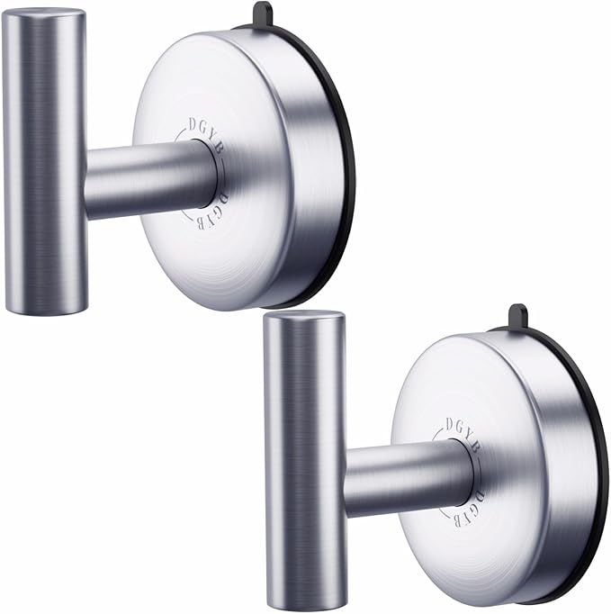 DGYB Large Suction Cup Hooks - Set of 2 Brushed Nickel Towel Hooks for Bathrooms - Stainless Steel Suction Shower Hooks - 15 Lb Removable Wall Hooks for Hanging Heavy Duty