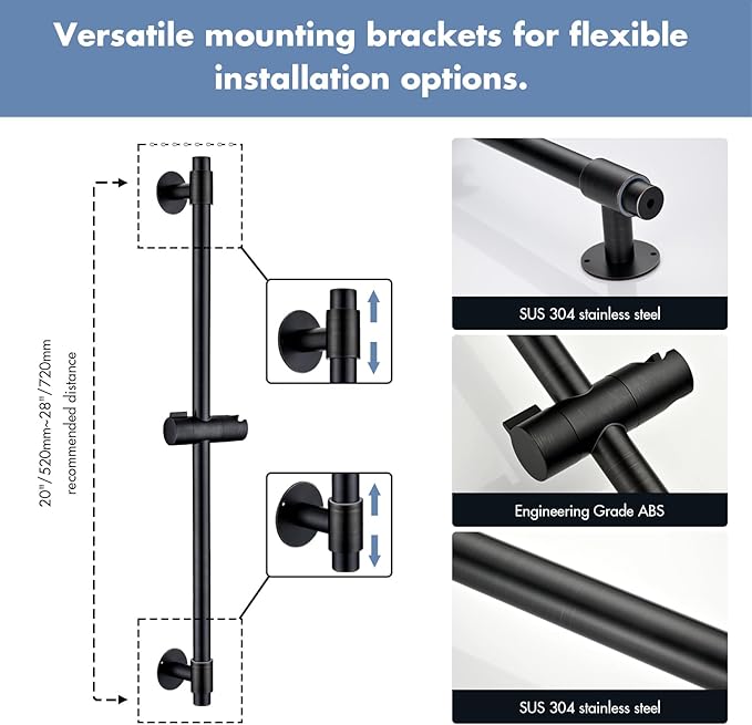 Adjustable Shower Slide Bar with 5-Function Handheld Shower Head, Stainless Steel Drill-free Mounted Slide Bar Combo with Extra Hose (Oil Rubbed Bronze)