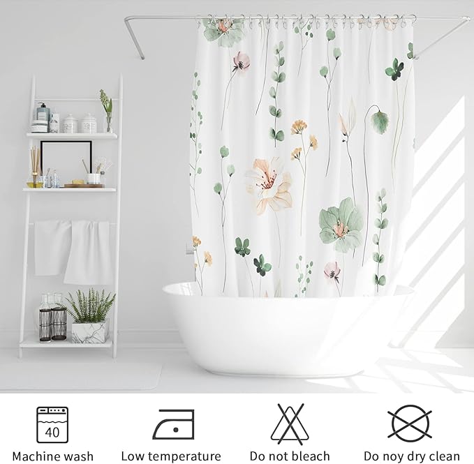 Gibelle Watercolor Floral Shower Curtain, Sage Green Beige Flower Shower Curtain for Bathroom, Modern Minimalist White Waterproof Fabric Shower Curtain Set 72x72 Inch