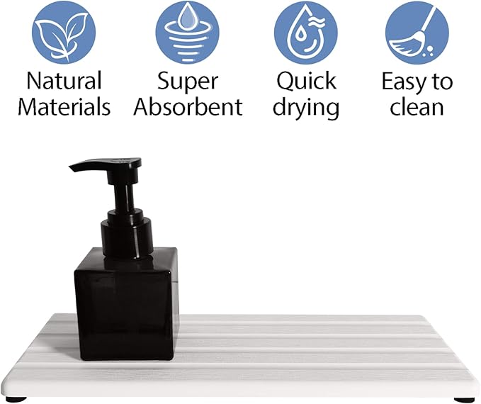 Diatomite Soap Dish, Water Absorbing Stone Tray, Kitchen Sink Organizer, Fast Drying Counter Holder (White, 11" x 4.7"/28 x 12cm)