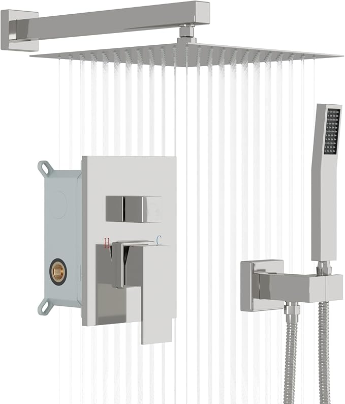 Lordear Rain Shower System Wall Mounted Shower Faucet Set - 12 Inch Stainless Steel Shower Head Handle Set and Solid Brass Valve, Chrome Polished Finish