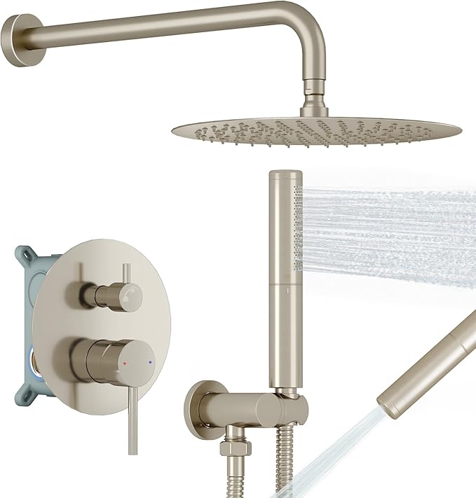 BESy Shower System with 10 Inch Round Rain Shower Head and Handheld Wall Mounted, High Pressure Rainfall Shower Faucet Fixture Combo Set with 2 in 1 Handheld Showerhead for Bathroom, Brushed Nickel