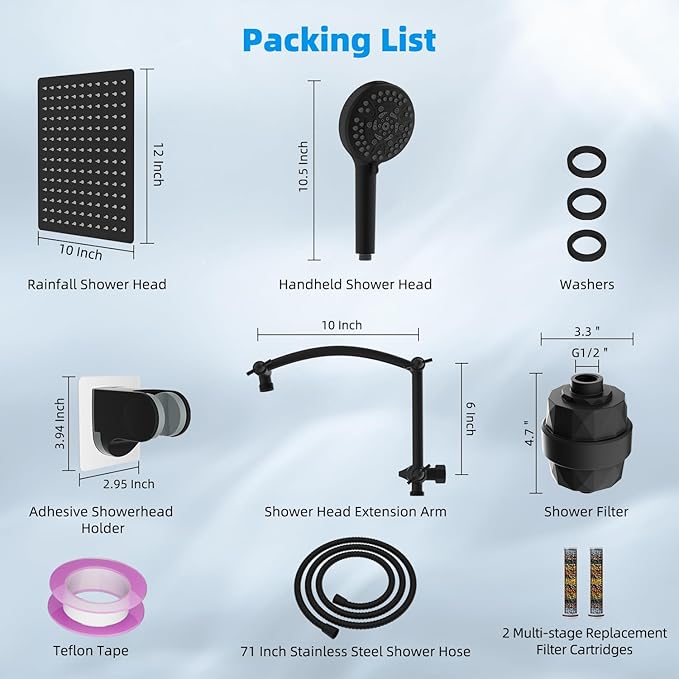 Hibbent All Metal 12'' Filtered Rainfall Shower Head Combo, High Pressure Handheld Shower Head with 16'' Adjustable Arc Extension Arm, 20 Stage Shower Filter, 10-spray, 71'' Shower Hose, Matte Black
