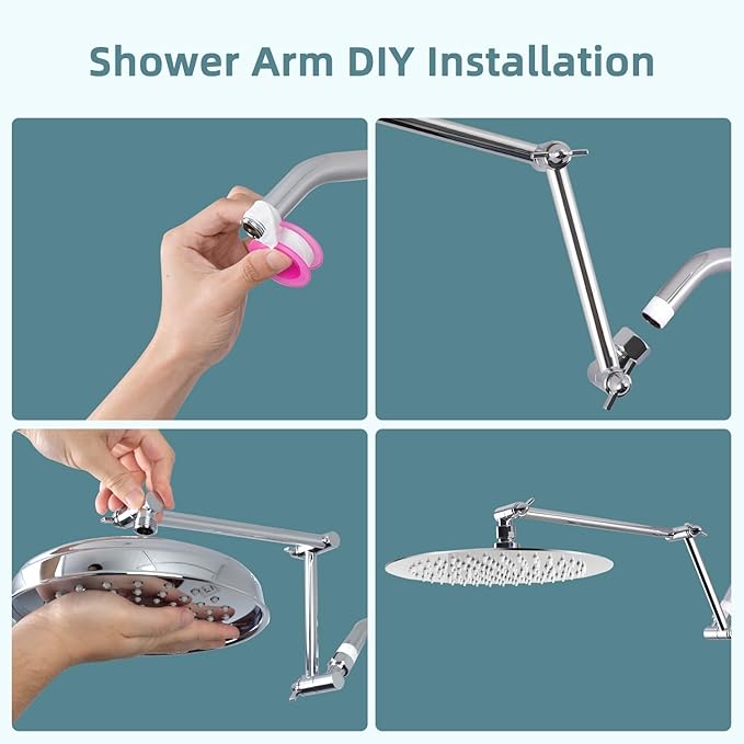 iFealClear All Metal 16" Shower Head Extension Arm, Solid Brass Shower Head Extender Adjustable Height Angle, G1/2 Universal Connection Stainless Steel Pipe with Lock Joint for Rain Showerhead, Chrome