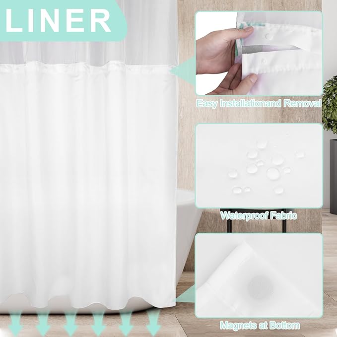 Cute Pink Bow No Hook Shower Curtain Set with Snap in Fabric Liner for Bathroom,with See Through Top Window,Double Shower Curtain with Detachable Liner Replacement,Machine Washable,71"x 74"