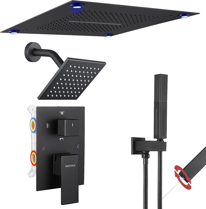VANFOXLE Shower Faucet Set Matte Black Four Modes Shower System,Shower Faucet with 2 in 1 Handheld,Ceiling Mount 16 Inch LED Shower Head(Rain and Waterfall)+6 Inch Shower Head