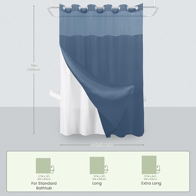 Inhousolu Long No Hook Shower Curtain with Snap in Fabric Liner Set Waffle Weave 230GSM Weighted Hem, Waterproof & Washable Bathroom Curtain Spa Luxury with Mesh Top Window 72"W x 78"L Moonlight Blue