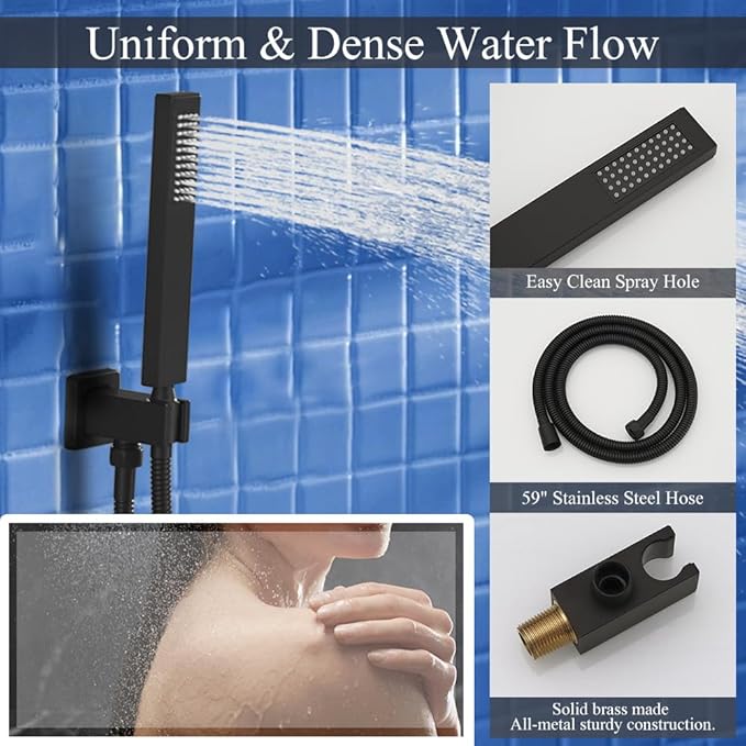 Shower Faucet Set Matte Black Shower System, Knob Switch Diverter Shower Faucet with High Pressure Handheld Spray, Ceiling Mount 12 Inch Shower Head with 6 Inch Wall Mount Shower Head