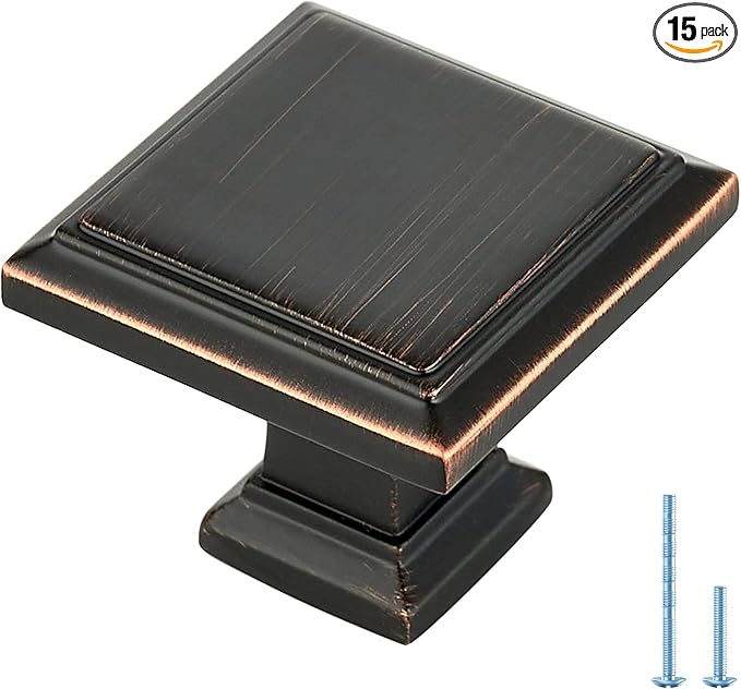 Ravinte Hardware 15 Pack Kitchen Cabinet Pulls Square Drawer Single Hole Handles Oil Rubbed Bronze for Cupboard Gold Dresser Solid