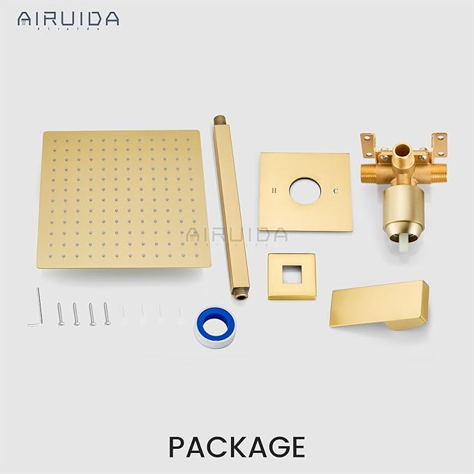 Airuida Shower Faucet Set and Handle Set Single Function Shower Trim Kit Ceiling Mount Rainfall Shower System with Male Threads and Rough-in Valve 10 Inch Square Shower Head Brushed Gold