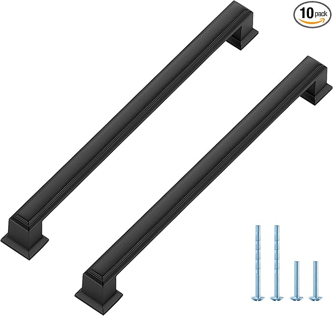 Ravinte Hardware 10 Pack Matte Black Cabinet Pulls, 7-1/2 Inch (192mm) Hole Center Zinc Alloy Drawer Handles for Kitchen Cabinets, Cupboards, Dressers, Square Solid Metal Hardware
