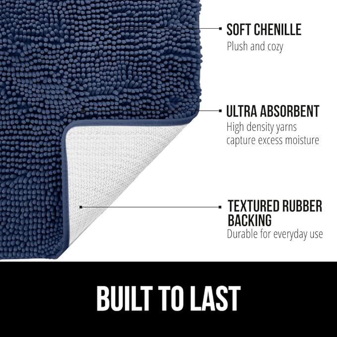 GORILLA GRIP Bath Rug Mat 42x24, Soft Absorbent Chenille, Quick Dry Microfiber Mats, Rubber Backing Washable Shower Floor Rugs, Bathmat Runner, US Designed Bathroom Home Decor Accessories Navy Blue