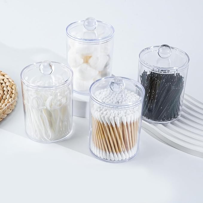 6 Pack Qtip Holder,Canister Apothecary Jar Set, Bathroom Jars with Lids Set for Cotton Swabs, Balls, Pads, Floss Picks,10oz-12oz Plastic Canisters Restroom Bedroom Vanity Organizer(Clear)