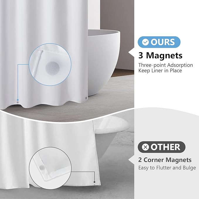 120GSM Ultimate Waterproof Fabric Shower Curtain Liner - TPU Lamination Technology with 3 Magnets,Machine Washable,71x72 Inch Soft Cloth Shower Curtain or Shower Liner,for Bathroom(White)