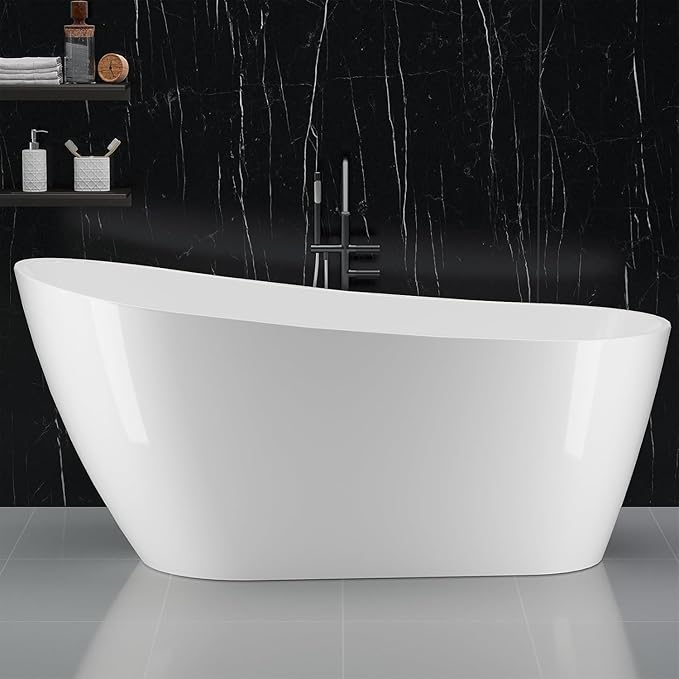 ‎59 Inch Acrylic Freestanding Bathtub, Bathtub with Matte Drain and Overflow, Modern Square Tub with Deep Ergonomic Design and Double-Walled Insulation, Double-Walled Insulation, cUPC Certified