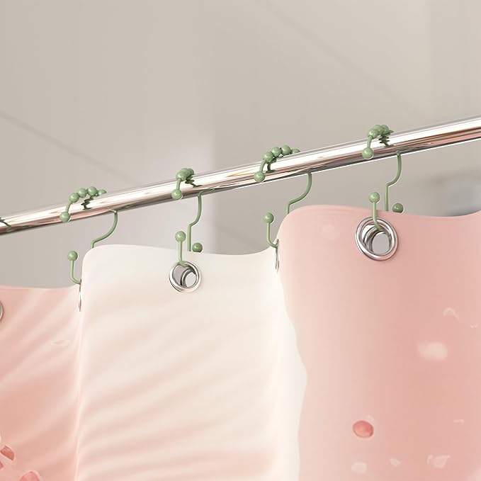 Titanker Shower Curtain Hooks Rings, Rust-Resistant Metal Double Glide Shower Hooks for Bathroom Shower Rods Curtains, Set of 12 Hooks - Sage Green