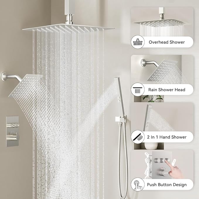 Thermostatic Shower Systems Brushed Nickel Shower Faucets Sets, STARBATH 12+ 8" Ceiling Mount Rain Shower and 2 in 1 Handhled, Can Use All at Once, Push Button 3 Modes Valve Complete Shower Set