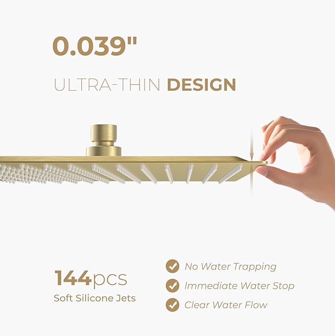 High Pressuer Square Rain Shower Head, Ultra Thin, SUS304 Stainless Steel, Universal Any Decorative Style, All Metal Rainfall Shower Head, Brushed Gold, 2.5 Gpm, 12 inch