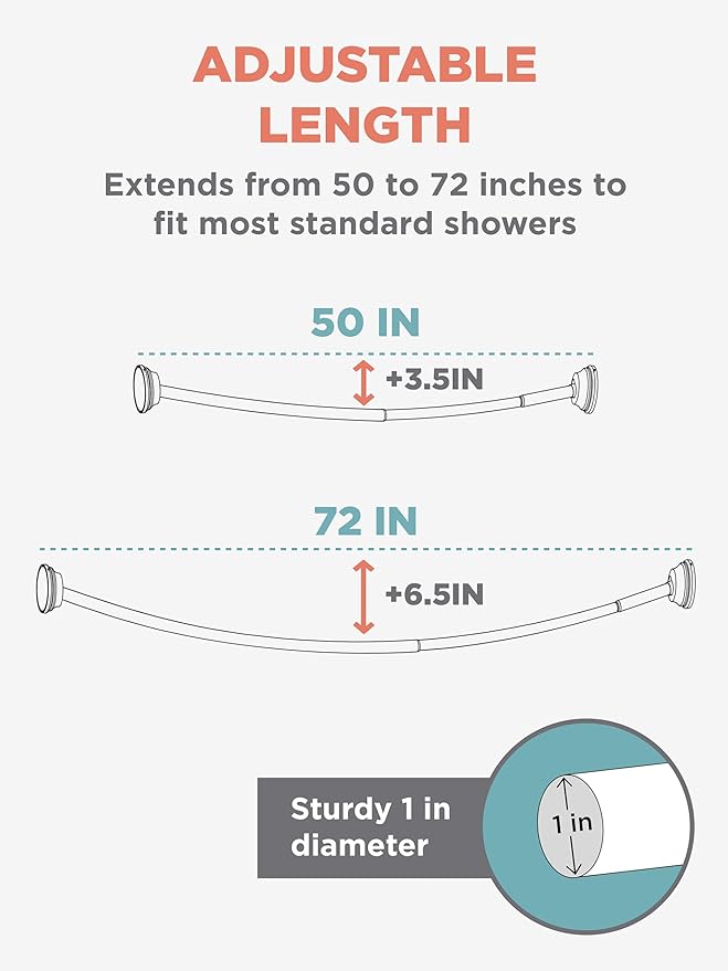 Zenna Home Curved Shower Curtain Rod, No Drill, 50-72 Inch Adjustable Tension Shower Rod for Bathroom, Rustproof, 1-Inch Diameter, Non Slip, Easy Install, Adds Space in Shower, Bronze