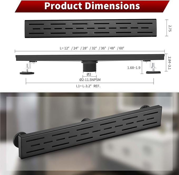 Sharp-tec Linear Shower Drain, 32 inch Shower Drain with Removable Pattern Cover, Matte Black 304 Stainless Steel Rectangle Floor Drain, Adjustable Feet and Hair Strainer Included (Model 101)
