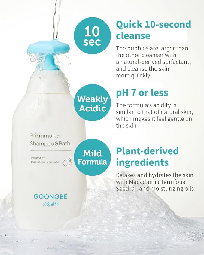 GOONGBE Pri-mmune Shampoo & Bath - Korean Baby Wash - Hypoallergenic Head to Toe Cleanser - Paraben-Free Formula For Sensitive Hair & Skin, 11.8 fl.oz. 2 Pack