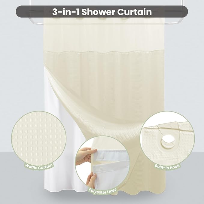 Inhousolu Extra Long No Hook Shower Curtain with Snap in Fabric Liner Set Waffle Weave 230GSM Weighted Hem, Waterproof & Washable Bathroom Curtain Spa Luxury with Mesh Top Window 72" W x 84" L Ivory