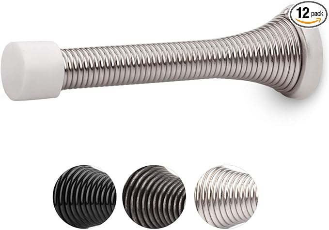 HOMOTEK 12 Pack Spring Door Stopper with Rubber Bumper 3-1/8" Flexible Heavy Duty Wall Door Stop Low Mounted Bumper for Home (Satin Nickel)