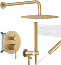BESy Shower System with 10 Inch Round Rain Shower Head and Handheld Wall Mounted, High Pressure Rainfall Shower Faucet Fixture Combo Set with 2 in 1 Handheld Showerhead for Bathroom, Brushed Gold