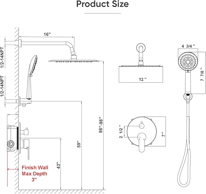 Gabrylly Shower Faucet Set, Shower System with Pressure Balance Shower Valve, 12" Rain Shower Heads with Handheld Spray, Wall Mounted Shower Fixtures, High Pressure Shower Head Set, Brushed Nickel