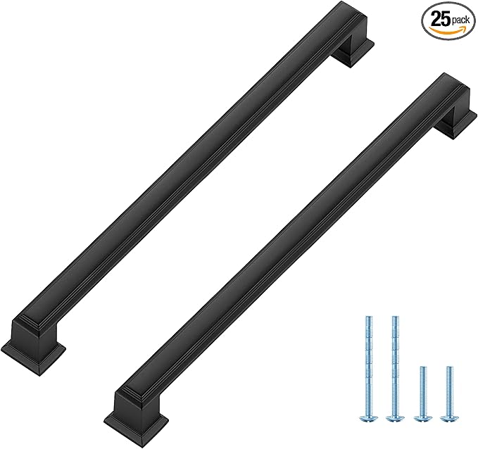 Ravinte Hardware 25 Pack Matte Black Cabinet Pulls, 8 Inch (204mm) Hole Center Zinc Alloy Drawer Handles for Kitchen Cabinets, Cupboards, Dressers, Square Solid Metal Hardware
