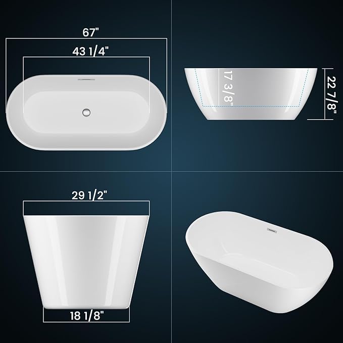 67 Inch Acrylic Freestanding Bathtub, Acrylic Soaking Bathtub with Matte Drain and Overflow, Deep Ergonomic Tub with Double-Walled Insulation, CUPC Certified, Modern Square Design