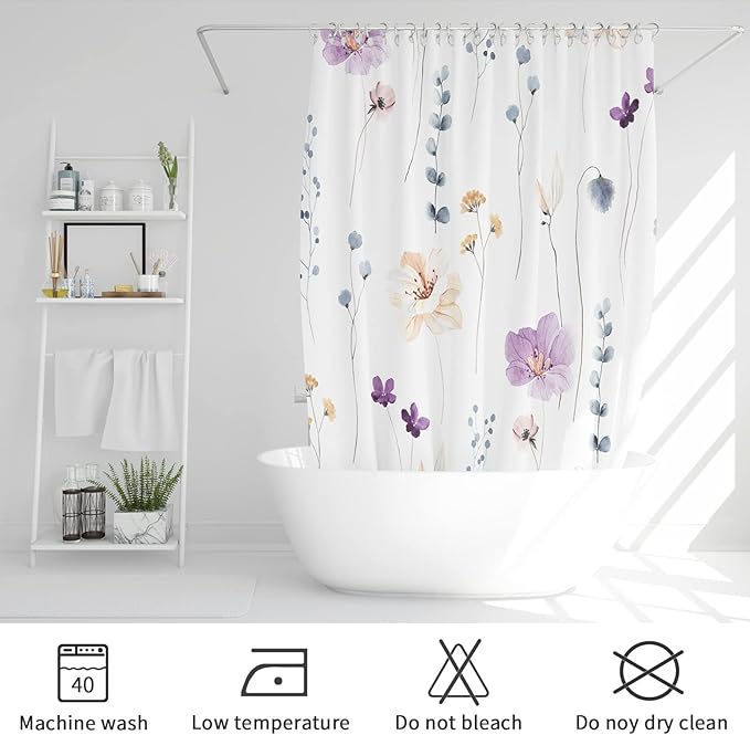 Gibelle Extra Long Shower Curtain 72 x 84, Watercolor Floral Fabric Shower Curtain, Purple Beige Flower Decorative Bathroom Shower Curtain Set