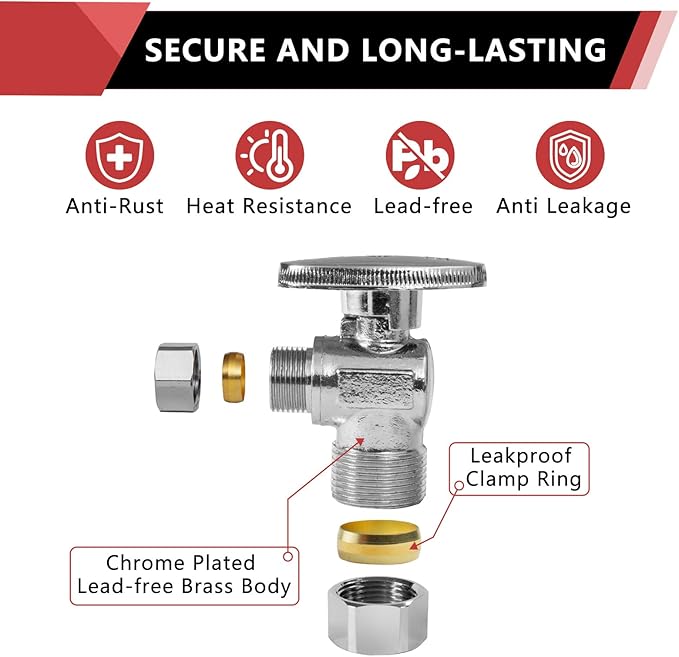 5-Pack EFIELD Angle Stop Valve 1/2" Nominal (5/8" OD) Compression x 3/8" OD, 1/4-Turn,(VALVE116-5PCS)