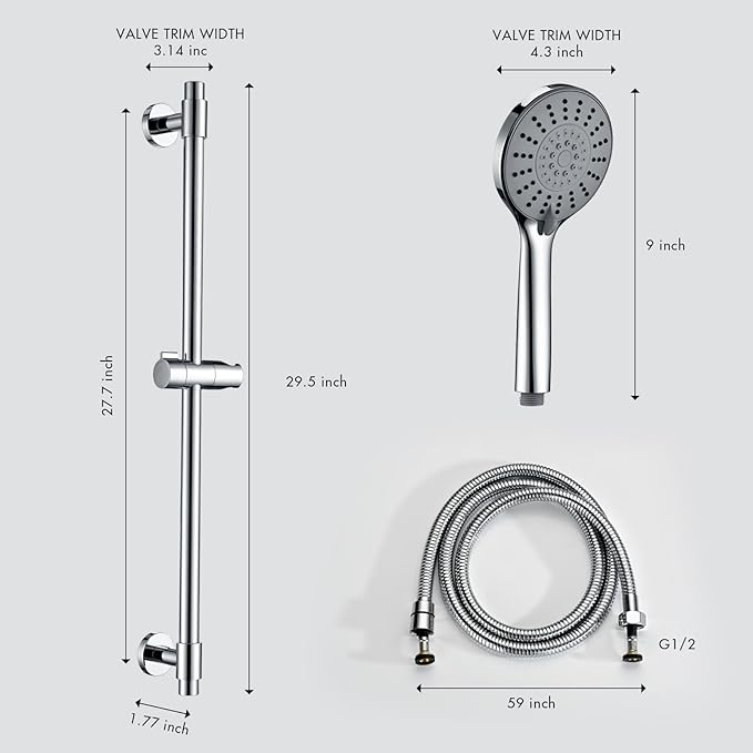 Adjustable Shower Slide Bar with 5-Function Handheld Shower Head, Stainless Steel Grab Slide Bar Combo with Extra Hose (Chrome)