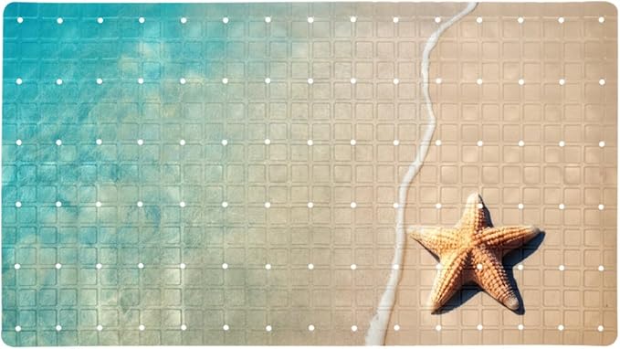 Bathtub Mats for Shower Tub, Anti-Slip Bath Mats for Inside Tub, Bathroom Shower Mats with Drain Holes and Suction Cups (Beach Starfish Seashells Turquoise Water)