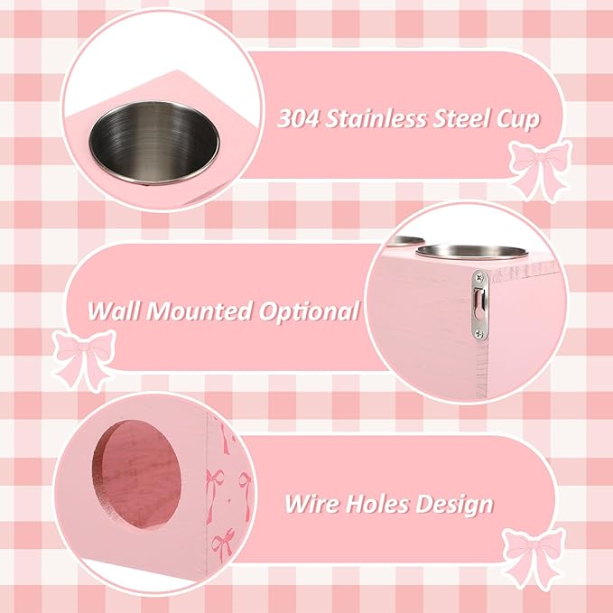 Pink Bow Hair Dryer Holder Wall Mounted Wooden Hair Dryer Holder Countertop Coquettish Preppy Bathroom Storage Accessories Decor Vanity Tools Bathroom Organizer for Curling Wand