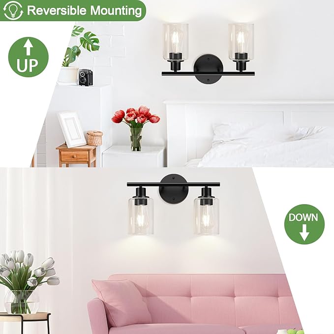 2-Light Bathroom Light Fixtures, Black Modern Vanity Lights with Clear Glass Shade, Bathroom Wall Lamp for Mirror Kitchen Living Room Hallway Cabinet Porch