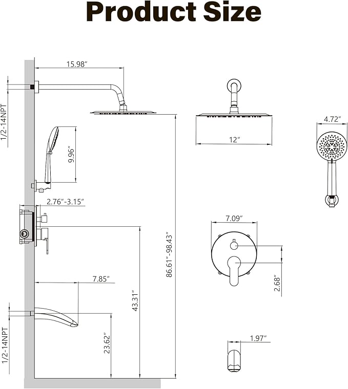 Gabrylly Shower System with Tub Spout, Bathtub Shower Faucet Set with 12" Rain Shower head and 5-Setting Handheld Shower, Wall Mounted Shower Fixtures with Pressure Balance Shower Valve, Brushed Gold