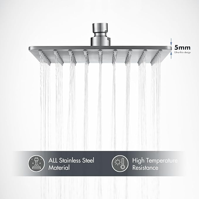 Rainfall Shower Head, MEDIOMI Rain Shower Head Set - Ultra-Thin Design High Flow Stainless Steel Large Square Rain Shower Heads with Shower Arm and Flange (8-Inch, Brushed Nickel)