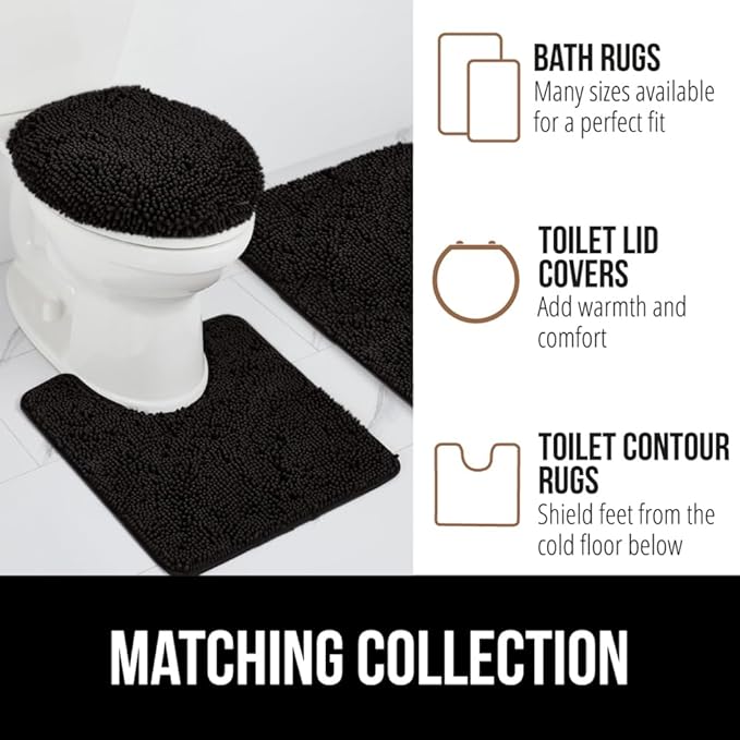 GORILLA GRIP Bathroom Rug Sets 3 Piece, Bath Mat Set and Oval Toilet Base with Rubber Backing, Plush Absorbent Shaggy Chenille Washable Mats, Includes 24x19.5, 24x17 and 36x24 Inch Rugs, Black