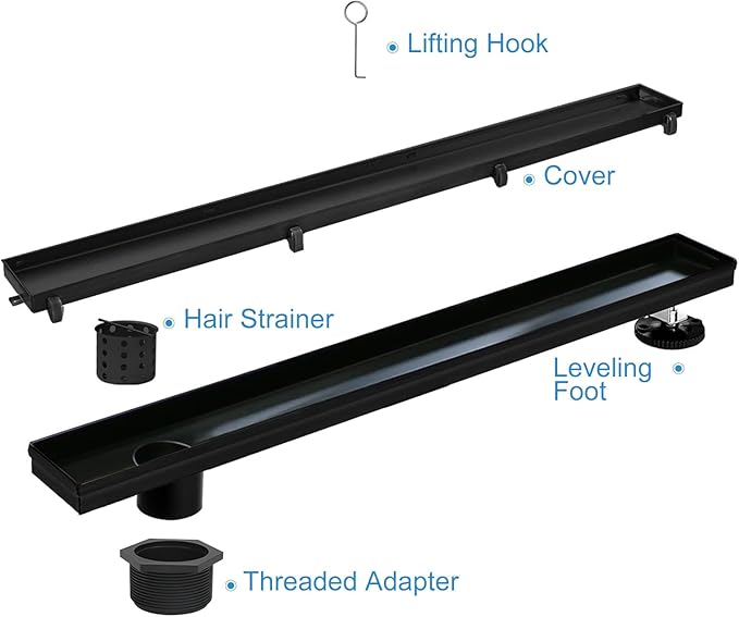 Offset Linear Shower Drain, Matte Black Shower Drain 36 inch with Removable Grate Cover, Brushed 304 Stainless Steel Side Outlet Black Shower Floor Drain with Hair Catcher and Leveling Feet