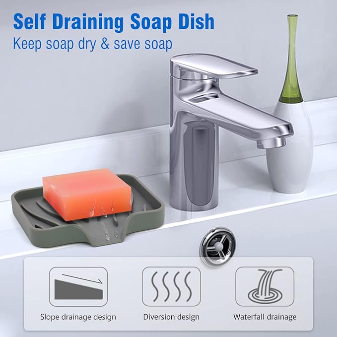 3-Pack Silicone Soap Dish, Sponge Holder for Sink, Kitchen Soap Tray, Bathroom Soap Holder, Sponge Tray with Drain (Grey)